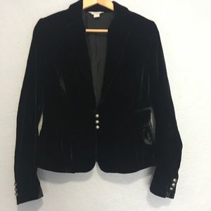Black velvet blazer, jacket is cropped.  Size 10